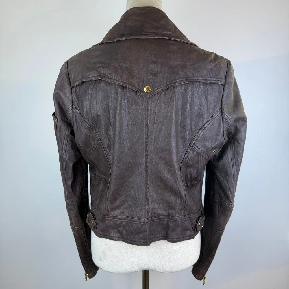 Y2K Guess Womens Brown Real Leather Moto Jacket Gold Zip & Snaps Pocket Size LG
